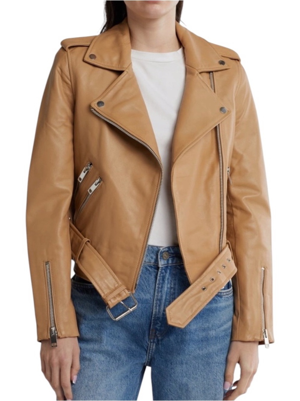 Walter Baker Caramel Leather Moto Jacket with Belt